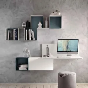 Zona studio con scrivania sospesa in finitura Bianco frassino e Blu reale