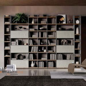 Parete attrezzata libreria di alta qualità in finitura Graniglia chiara, Grigio cenere e Rovere tabacco 