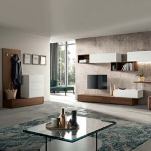 Soggiorno moderno Trifida con parete attrezzata e appendiabiti in finitura Bianco frassinato e Quercia brown