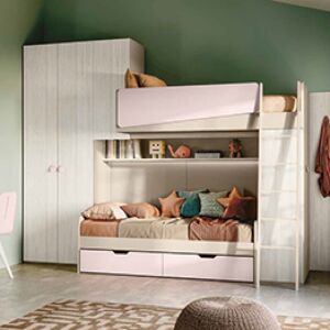 Soppalco camerette, finitura Bianco altea, Orzo e Rosa confetto