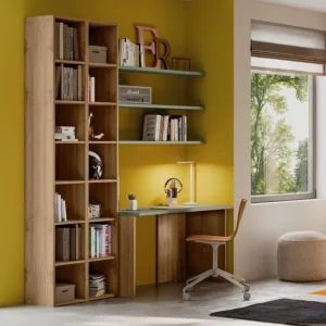 Zona studio per ragazzi con scrivania e libreria, Noce biondo e Agave