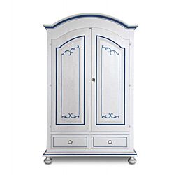 Armadio in legno, laccato bianco, con filetti blu, cappello tondo - pomelli anticati