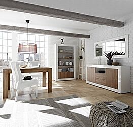 Sala completa di design con Madia, Libreria e Tavolo allungabile, finitura Bianco Lucido e Noce Dark