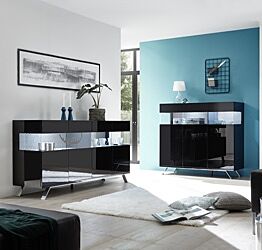 Sala moderna composta da Madia 2 e 3 ante, finitura nero lucido, piedino in ferro