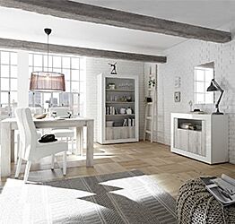 Sala completa di design con Madia 2 ante, Libreria e Tavolo allungabile, finitura Pino Bianco e Bianco Lucido