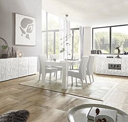 Sala moderna completa di tavolo, madia 4 ante e madia 2 ante 2 cassetti, finitura bianca serigrafata