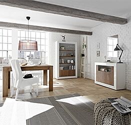 Sala completa di design con Madia 2 ante, Libreria e Tavolo allungabile, finitura Bianco Lucido e Noce Dark