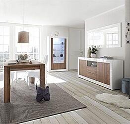 Sala completa di design con Madia, Vetrina e Tavolo allungabile, finitura Bianco Lucido e Noce Dark