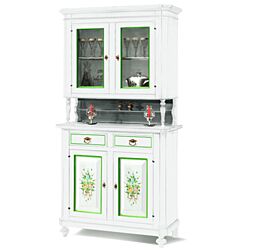 Cristalliera in legno finitura bianco con decori, 2 porte, 2 ante e 2 cassetti
