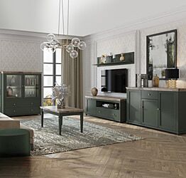 Salotto competo composto da porta TV, mensola, vetrina bassa, tavolino e madia 3 ante e 1 cassetto