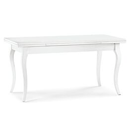Tavolo allungabile in legno con gambe a sciabola, bianco opaco, arte povera