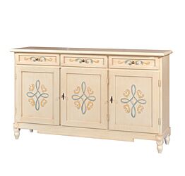 Credenza in legno finitura avorio pennellato con decori, con 3 porte e 3 cassetti 156x94