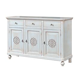 Credenza in legno finitura bianco invecchiato, con 3 porte intagliata e 3 cassetti 158x103