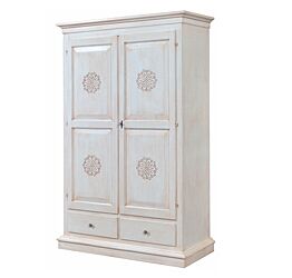 Armadio 2 porte intagliato, colore Bianco invecchiato