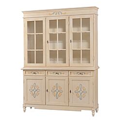 Cristalliera in legno finitura avorio pennellato con decori, con 3 porte, 3 cassetti e 3 ante