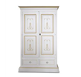 Armadio in legno, laccato bianco, con filetti ocra, cappello dritto - maniglie anticate