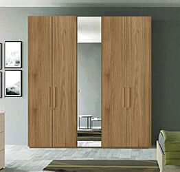 Armadio moderno finitura Noce Biondo, 5 ante battenti con anta centrale a specchio