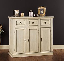 Credenzina in legno finitura laccato avorio patinato, con 3 porte e 3 cassetti 