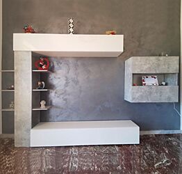 Parete attrezzata a "C", Bianco Laccato Lucido e Beton