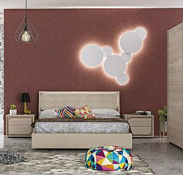 Camera da letto completa, finitura Olmo Perla e letto ecopelle sabbia, Made in Italy
