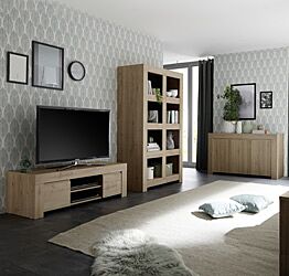 Soggiorno moderno, completo di Porta TV, libreria e Madia 3 ante, Rovere Cadiz