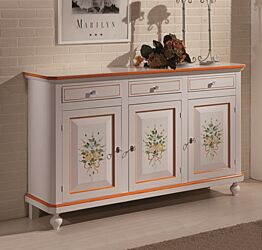 Credenza in legno finitura laccato bianco con decori, con 3 porte e 3 cassetti 158x103