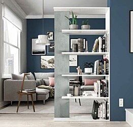 Libreria moderna di design 5 ripiani, bianco e cemento