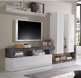 Parete attrezzata con 2 pensili verticali, una ribalta e una mensola in finitura bianco laccato lucido e ossido