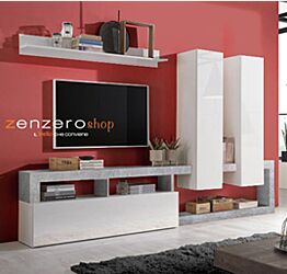 Parete attrezzata con 2 pensili verticali, una ribalta e una mensola in finitura bianco laccato lucido e Cemento