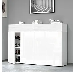 Scarpiera con 4 ante e 2 ribalte, Bianco laccato lucido e Bianco larice