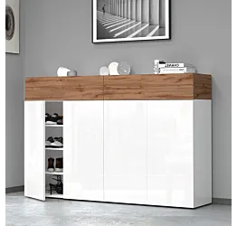 Scarpiera con 4 ante e 2 ribalte, Bianco laccato lucido e Rovere wotan