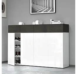 Scarpiera con 4 ante e 2 ribalte, Bianco laccato lucido e Ardesia