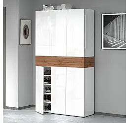 Armadio scarpiera a 6 ante con 1 ribalta, Bianco laccato lucido e Rovere wotan