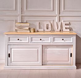 Credenza in legno finitura bianco, con 2 porte scorrevoli e 3 cassetti 120x107