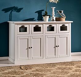 Credenzina in legno finitura laccato bianco opaco, 4 porte e 4 cassetti 130x85