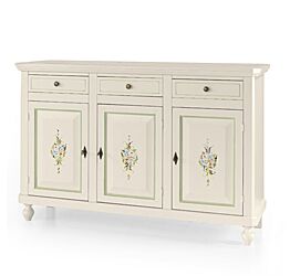 Credenza in legno, bianco opaco con decori, arte povera - cm 150x43