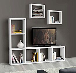 Porta Tv Moderno di Design, a quadrati, in Legno Bianco Frassinato