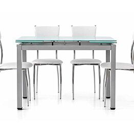 Tavolo allungabile, struttura in metallo e piano in vetro, con allunghe laterali