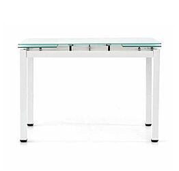 Tavolo allungabile, struttura in metallo bianco e piano in vetro, con apertura laterale