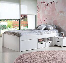 Ampio letto contenitore moderno e comodino con ruote in pino massello 