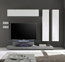 Parete attrezzata moderna di design, beton e bianco lucido