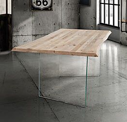 Tavolo Scortecciato Fisso in Massello con Nodo Aperto sp.4cm, gambe in vetro