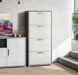 Scarpiera moderna con 4 ante a ribalta, Ossido bianco e Cemento