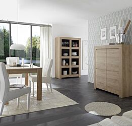 Sala di design composta da Madia alta, Libreria e Tavolo, finitura Rovere Cadiz