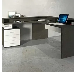 Scrivania angolare 3 cassetti, 180/160x90x60 h cm, Bianco laccato lucido e Ardesia