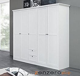 Armadio battente di design con 5 ante e 2 cassetti, finitura bianca Zenzero Shop