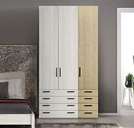 Armadio moderno L.136 a 3 ante e 8 cassetti H.257, finitura Rovere bianco e Royal Oak