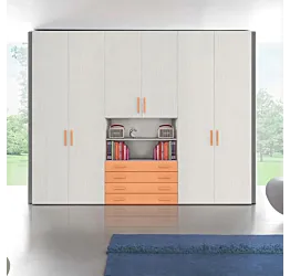 Armadio moderno L.271 a 6 ante e 4 cassetti H.257, finiture Rovere Bianco e Papaya