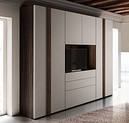 Armadio con vano Tv, 6 ante battenti e 3 cassetti in Grigio seta e Noce moro