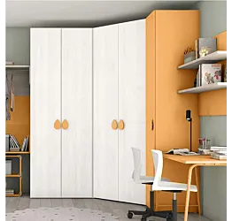 Armadio ad angolo per camerette in finitura Rovere Bianco e Miele